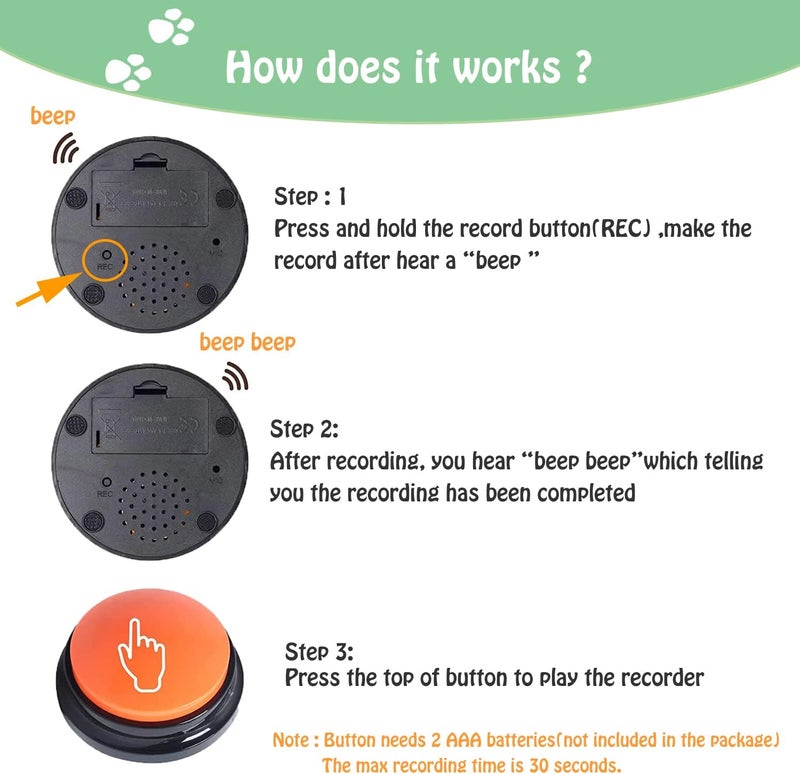 Finest + Voice Recording Button for Communication Pet Training Buzzer, 30 Second Record&Playback Dog Toy, Voice Recording Clicker for Cat, Puppy, Pet Trainin, Funny Gift for Study Office Home 4 Pcs - Image 3